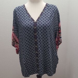 Suzanne Betro Navy and Pink Patterned Blouse